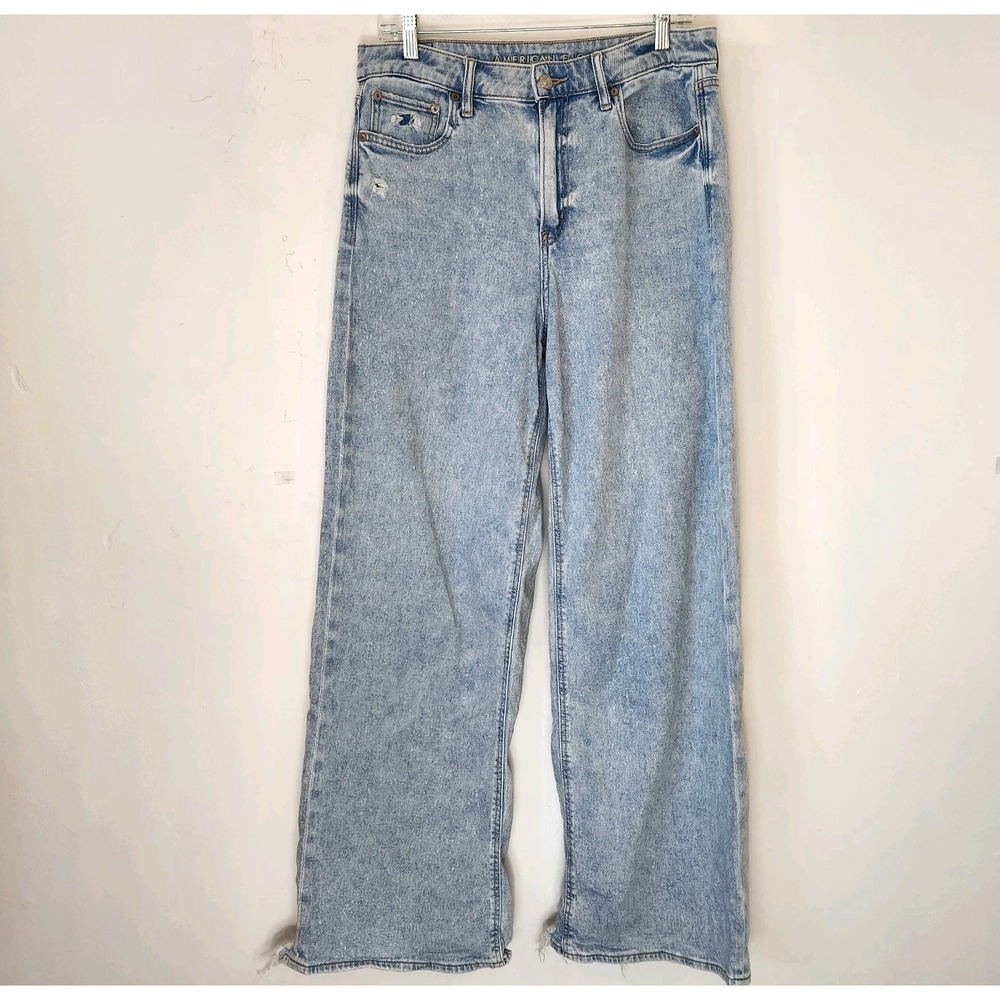 American Eagle Super High Rise Baggy Wide Leg Jeans 8 Light Wash Y2K Distressed